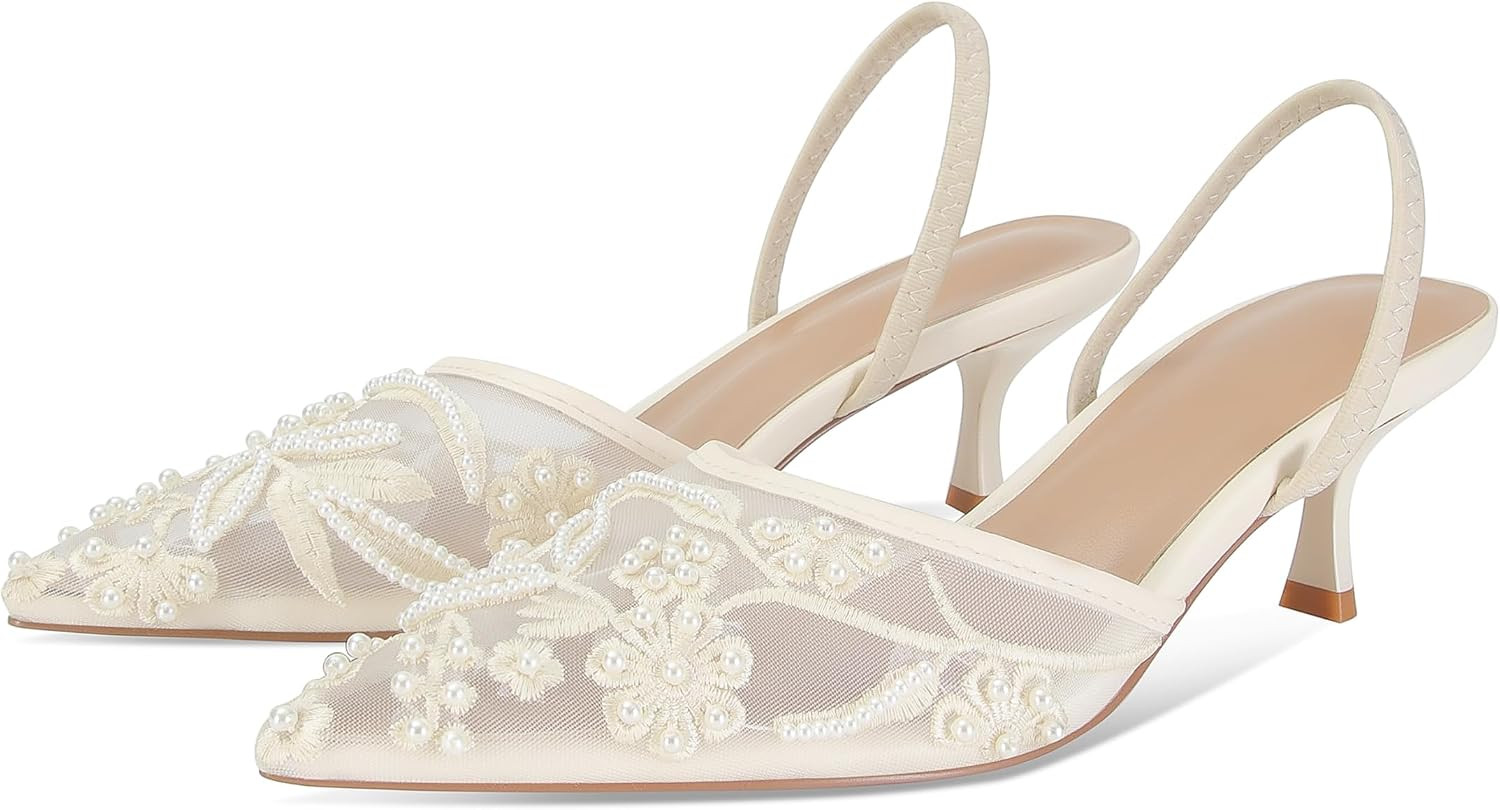 Embroidered Kitten Heels for Women Pointed Toe Mesh Floral Slingback Heeled Sandals With Pearl Slip On Backless Bridal Wedding Sandals Shoes | Amazon (US)
