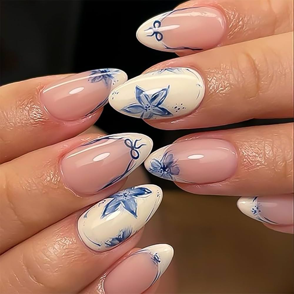 French Short Press On Nails Almond, Nude Fake Nails with Beige French Tip and Graceful Blue Flora... | Amazon (US)