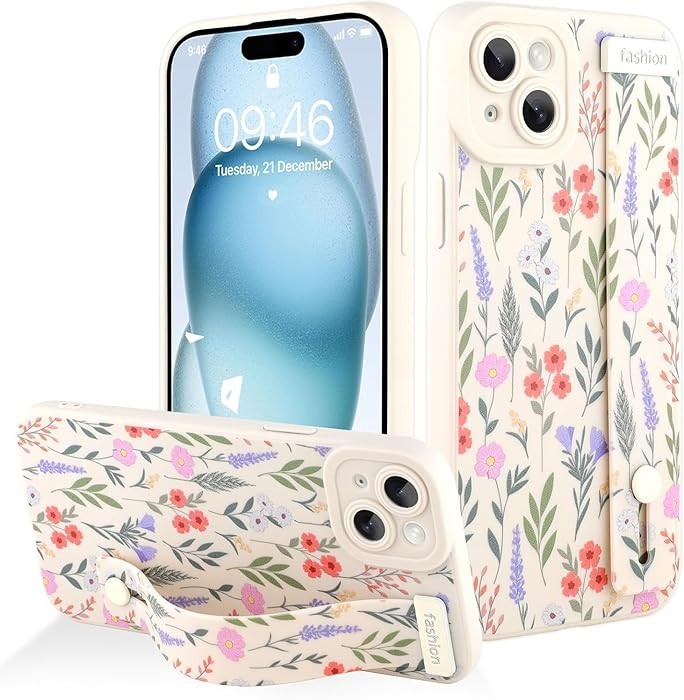 AIGOMARA for iPhone 13 Case with Strap for Women Girls, Cute Floral Flowers Pattern, Soft Wristba... | Amazon (US)