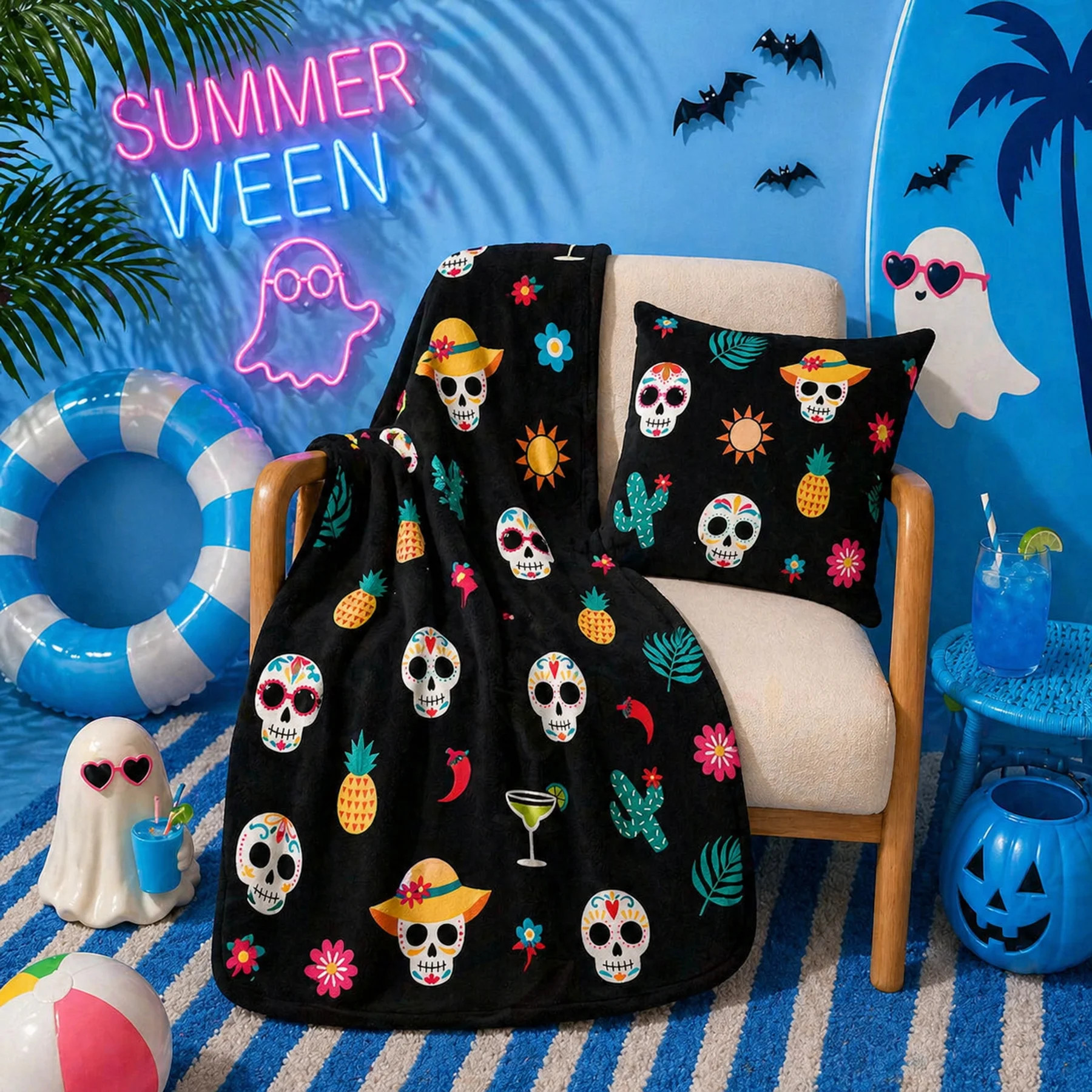 Summer Ween Oversize Super Soft Plush Throw Blankets, Patio Pool Halloween Throws, FIESTA SKULLS | Walmart (US)