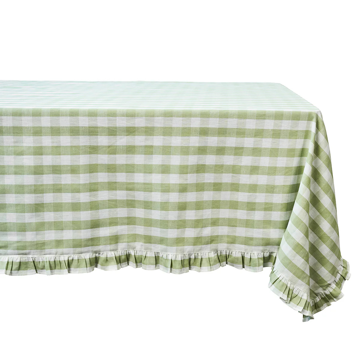 Gingham Ruffle 60" x 120" Tablecloth in Seagrass | Over The Moon