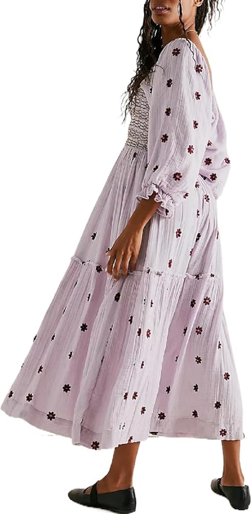 Argeousgor Women 2023 Bohemian Floral Dress Square Neck Ruffle Swing A Line Maxi Dress Long Sleev... | Amazon (US)