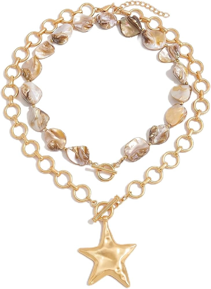 Kigeli 2 Pcs Chunky Star Shell Necklace for Women Layered Seashell Necklace | Amazon (US)