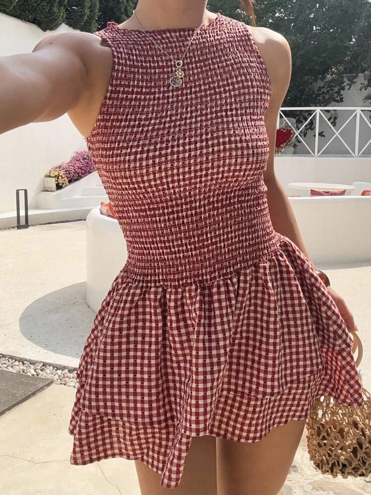 Sunnyshic Blue Plaid Sleeveless Slim-Fit Belted Mini Dress, Sweet French Style For Summer Vacation | SHEIN