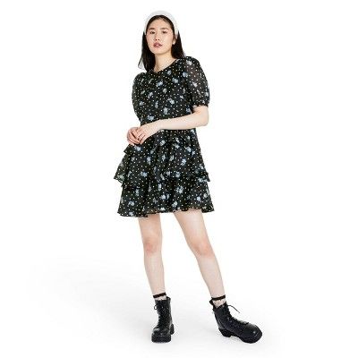 Women&#39;s Floral Print Short Sleeve Tiered Dress - Sandy Liang x Target Black S | Target