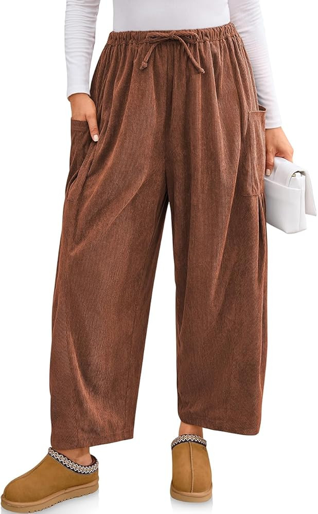 TARSE Womens Corduroy Pants Barrel Casual Loose Baggy Drawstring Wide Leg Palazzo Harem Pants wit... | Amazon (US)