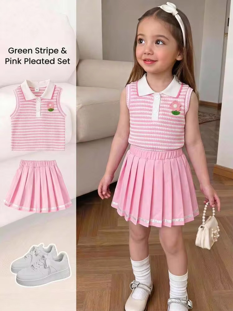 Elladie kids 2pcs Little Girl Preppy Sweet School Summer Striped Sleeveless Polo Collar Top 3D Fl... | SHEIN