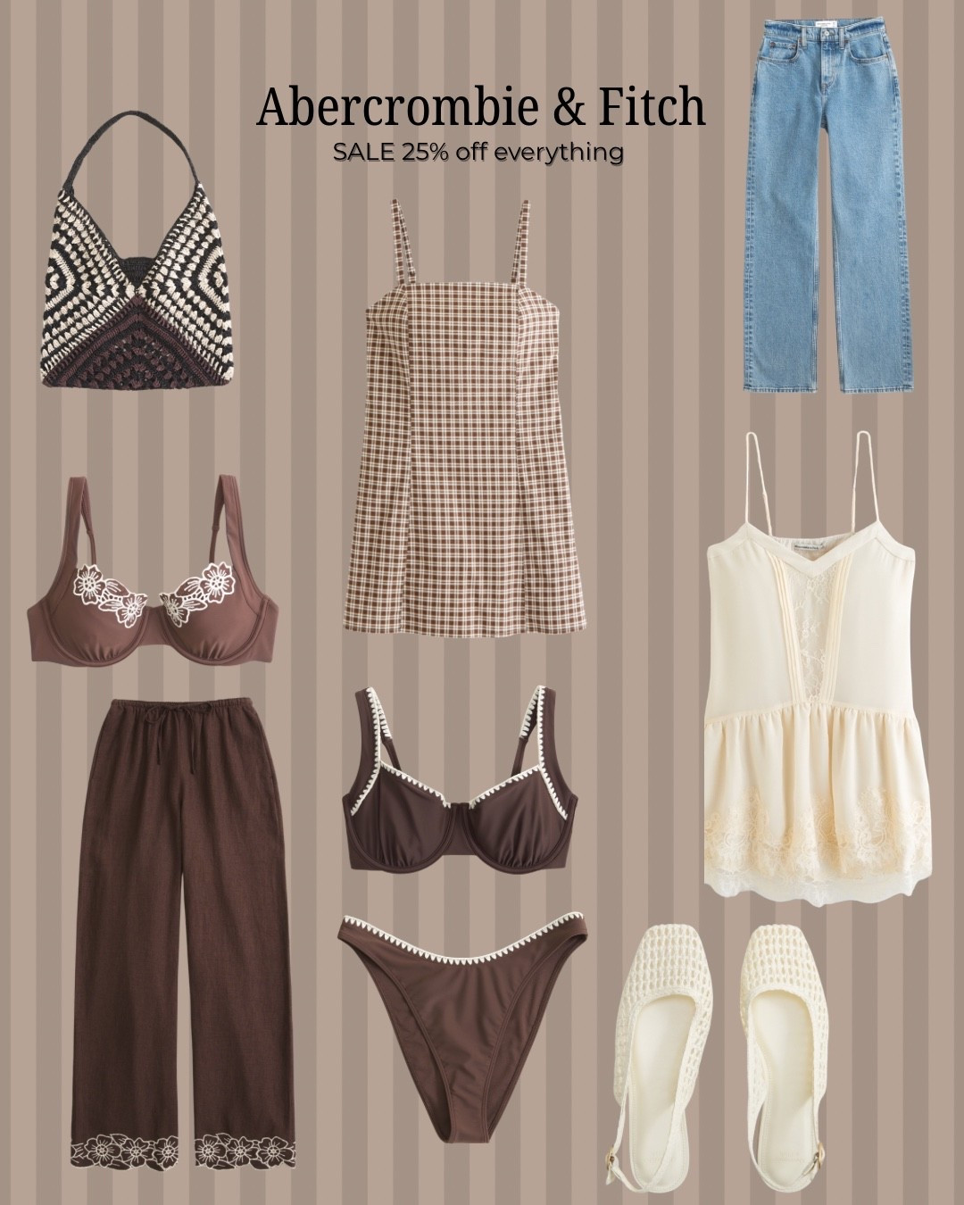 25 % off everything at Abercrombie and fitch | #ltkspringsale2026 | LTK spring sale | neutrals | women’s dress | women’s jeans | women’s swimwear | beach vacation outfits | jelly shoes | women’s shoes | beach tote | spring purse | linen pants | lace dress | resort wear | beach wear | spring trends | @abercrombie 

#LTKgrwm #LTKSpringSale #LTKootd