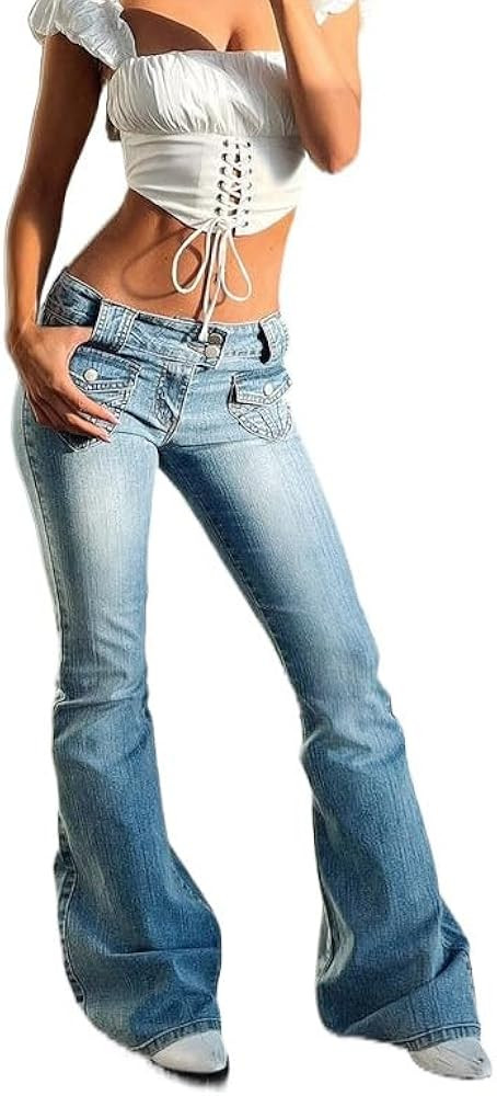 Women's Stretch Low Rise Double Button Elastic Skinny Vintage Flare Jeans | Amazon (US)