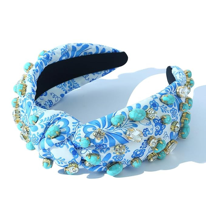 Knotted Floral Patterned Headband Turquoise Teal Crystal Headband Vintage Rhinestone Jeweled Hair... | Amazon (US)