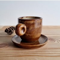 Espresso Cup & Saucer Set, Rustic Double Cup, Brown Small Coffee Mug, Handmade Pottery Lover Gift | Etsy (UK)