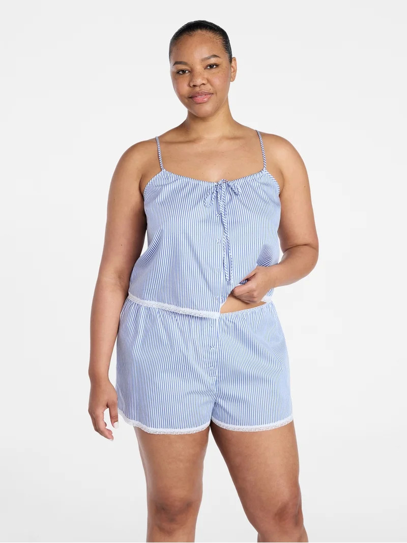 Joyspun Women's Poplin Cami and Shorts Sleep Set with Lace Trim, 2-Piece, Sizes XS-3X | Walmart (US)