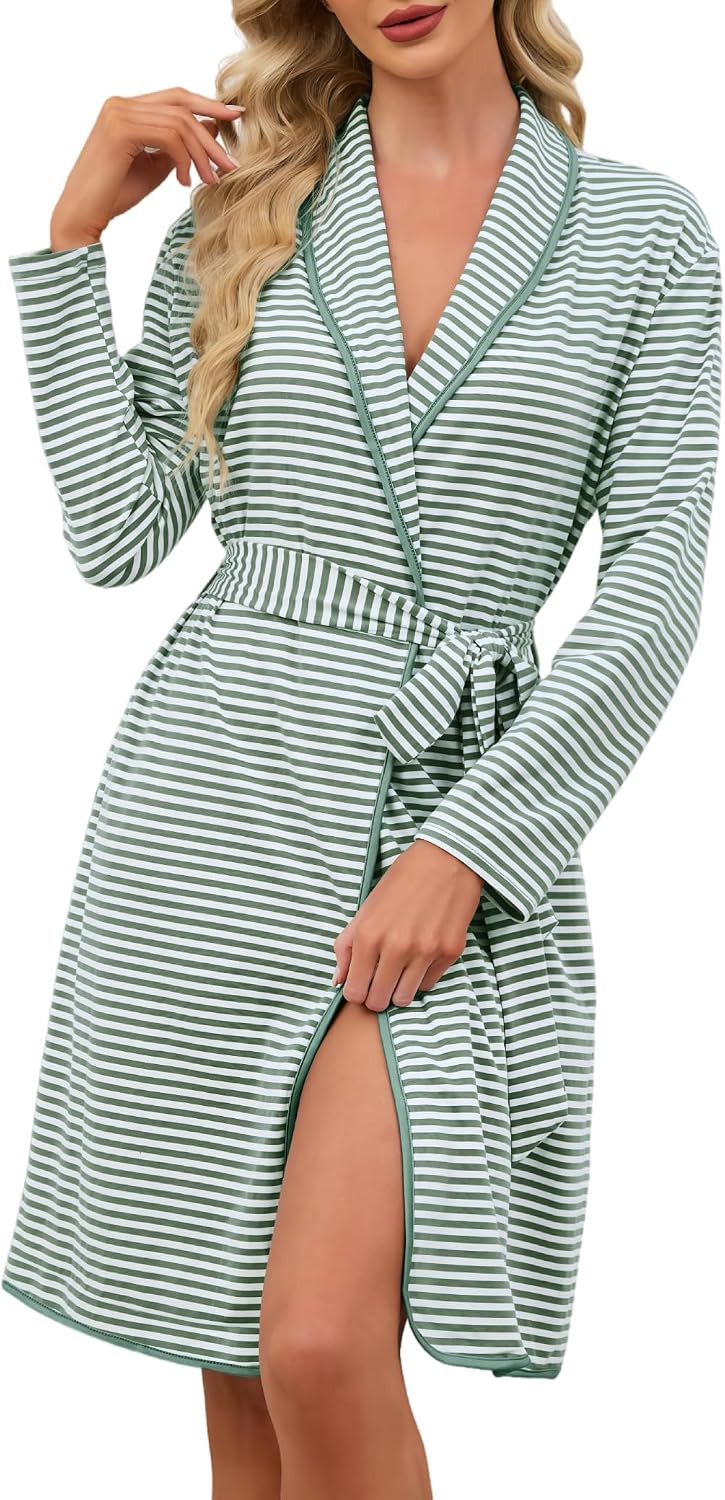 Womens Robe Cotton Srtiped Bathrobe with Pockets | Amazon (US)