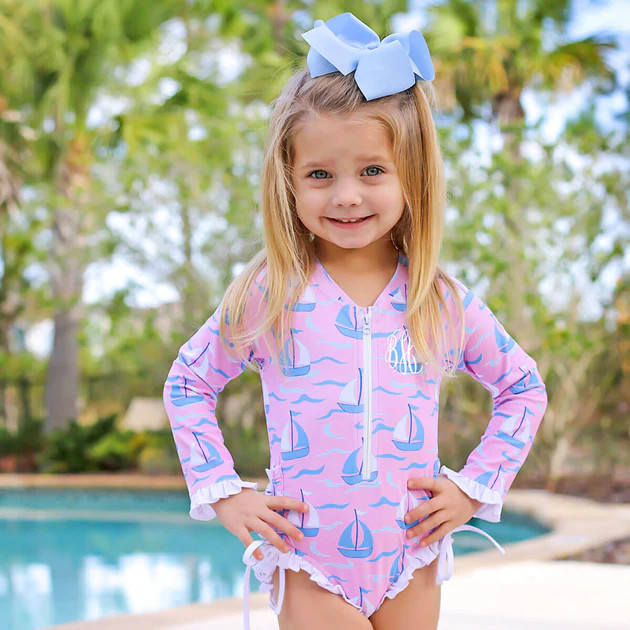 Positano Sailboat Pink One Piece Rash Guard Swimsuit | Classic Whimsy