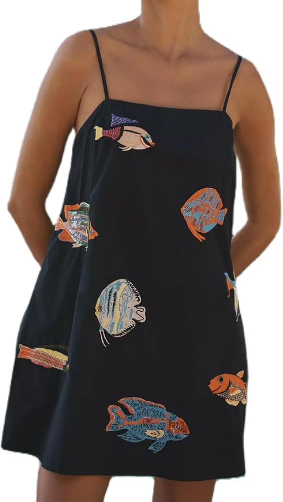 Muineobuka Women Boho Graffiti Cami Mini Dress Spaghetti Strap Colorful Flowy Seashell Fish Print... | Amazon (US)