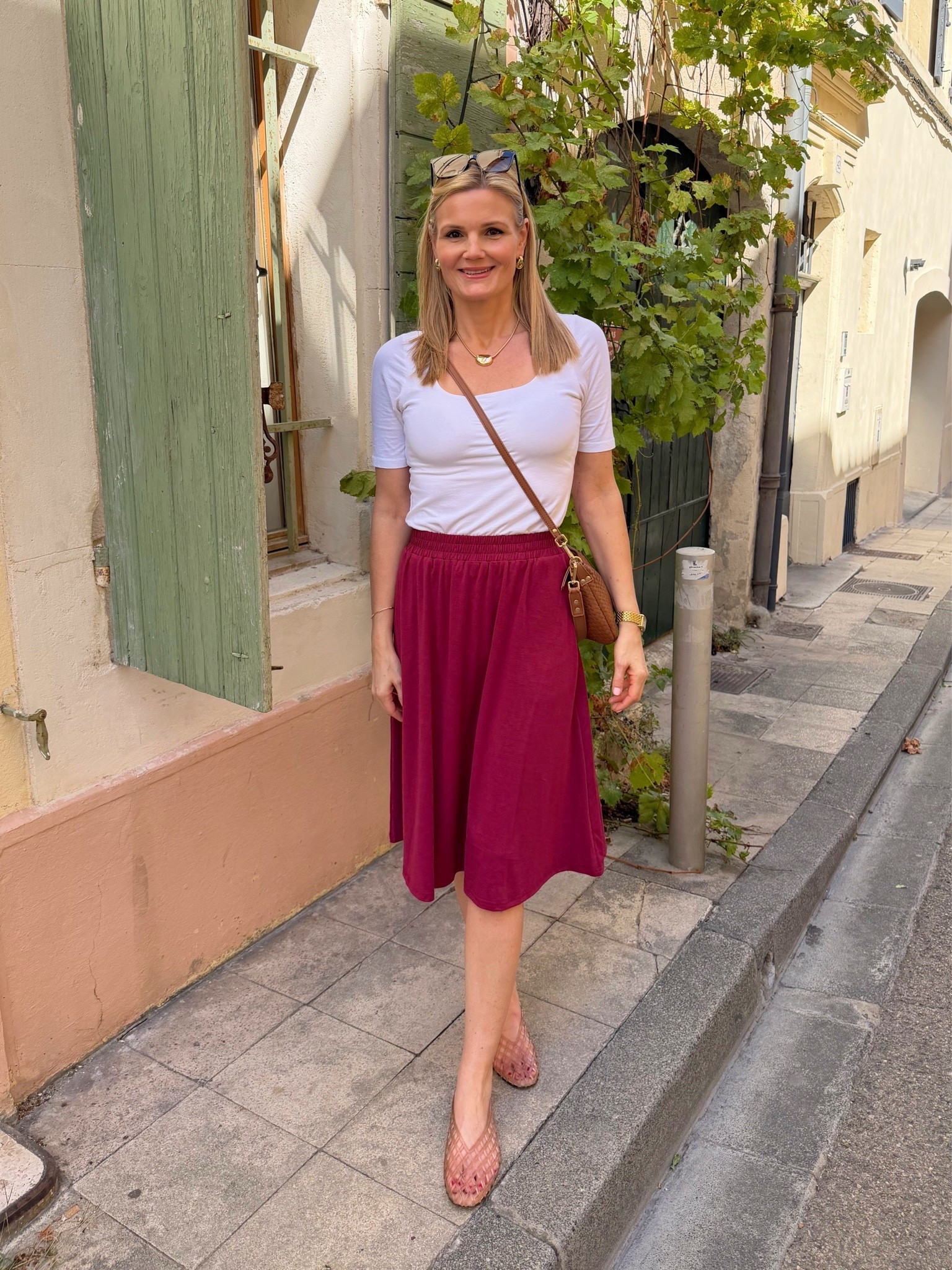 What I wore in Arles and Carcassone, France! Wearing a small in the skirt, medium in the top. Went down a whole size in the jelly shoes (very comfy btw!).