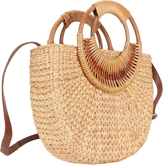 Handwoven Rattan Bag, Straw Bags for Women, Hand woven Straw Small Hobo Bag Round Handle Ring Tot... | Amazon (US)