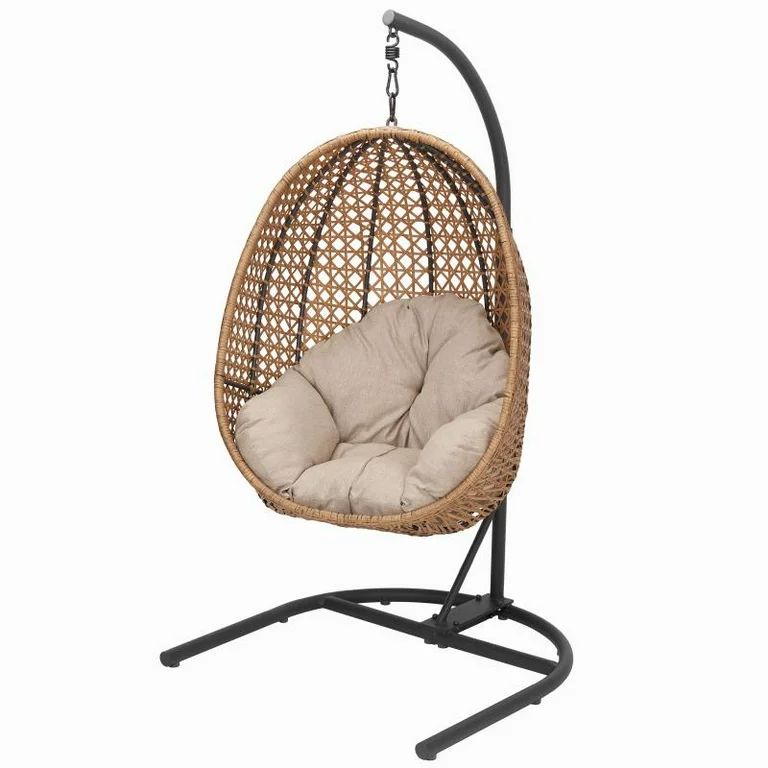 Better Homes & Gardens Lantis Patio Wicker Hanging Egg Chair with Stand - Tan Wicker, Beige Cushi... | Walmart (US)