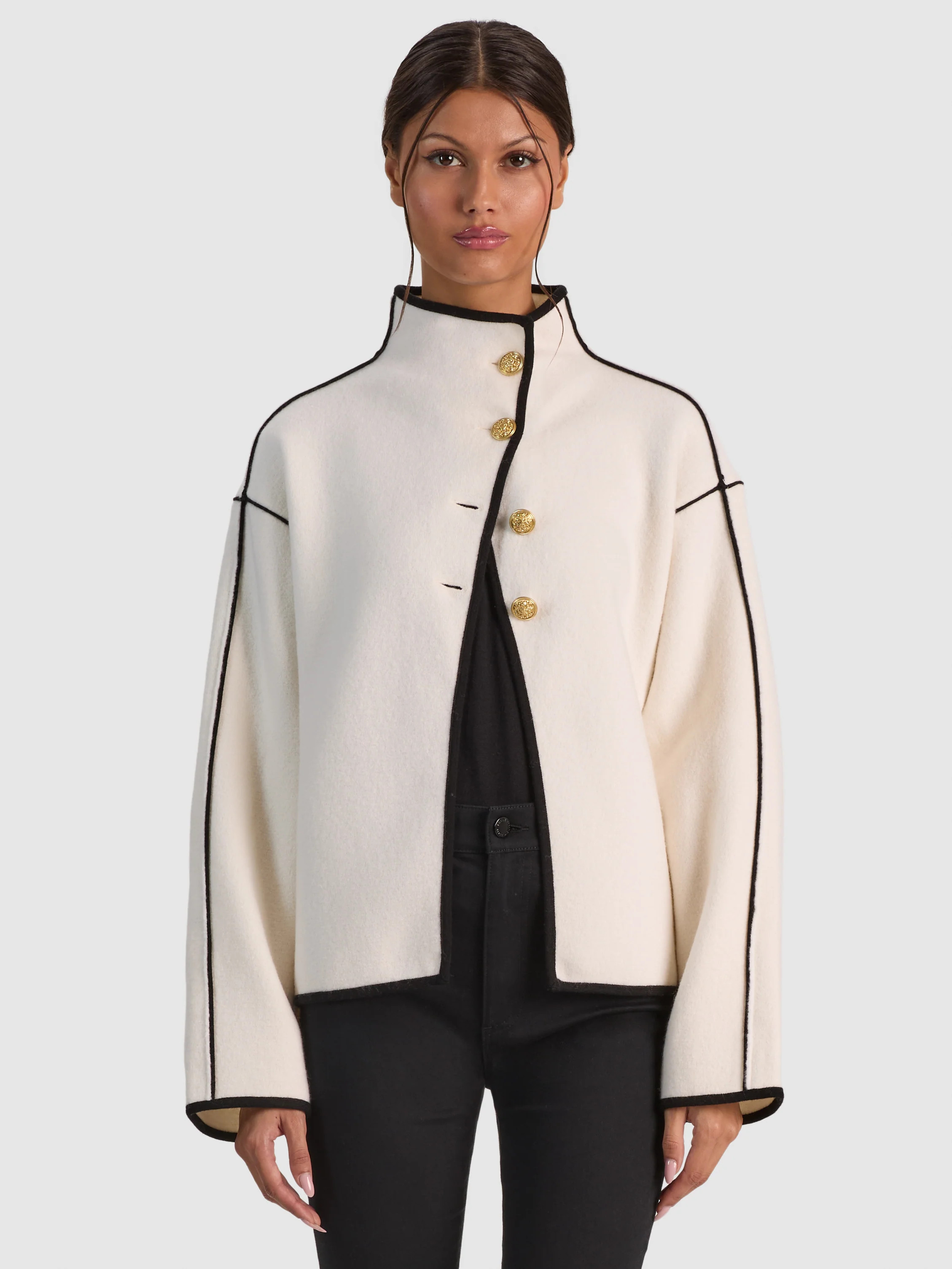 PEARSON COLLARED SWEATER JACKET in SOFT WHITE/BLACK | ALICE + OLIVIA | Alice + Olivia