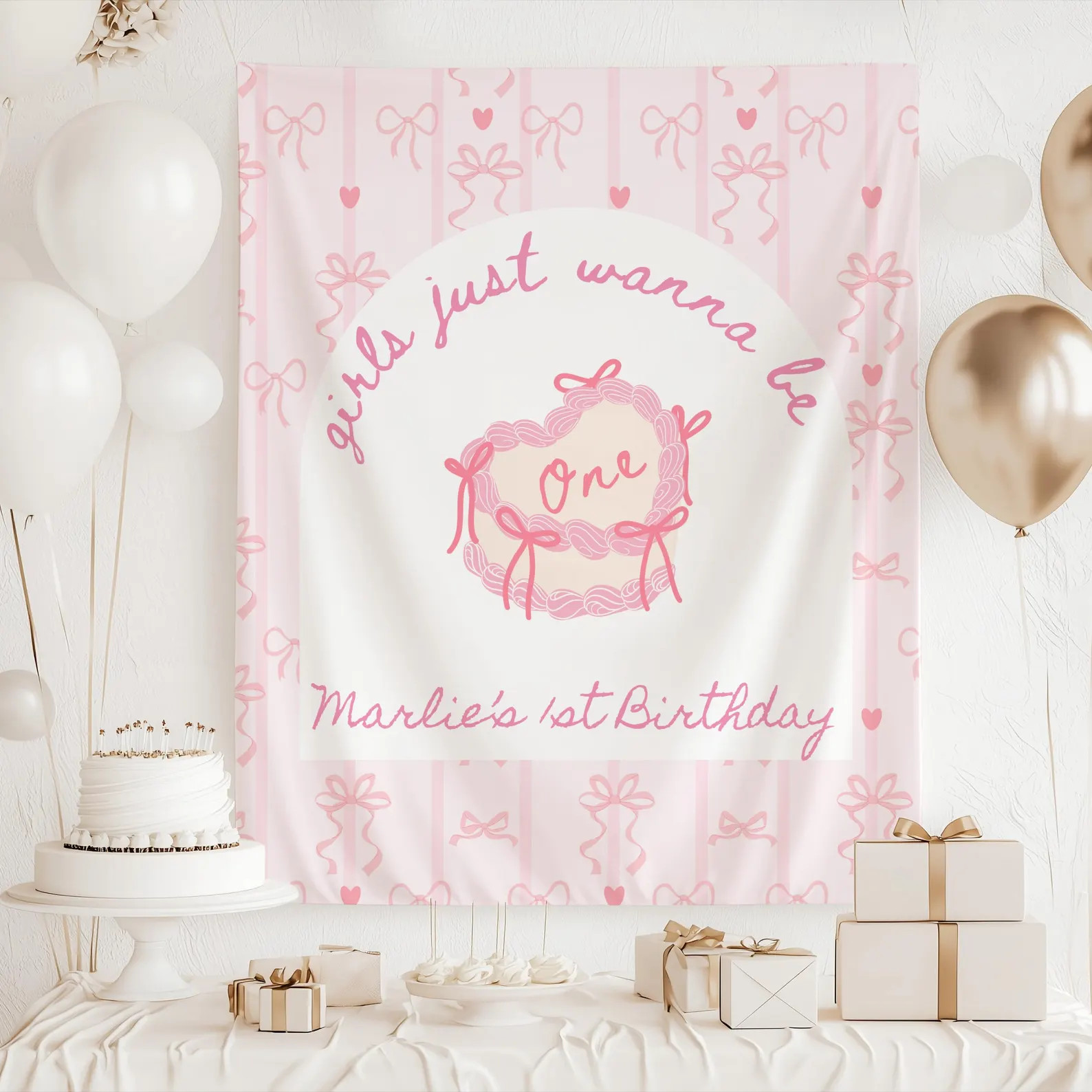 Girls Just Wanna Be ONE Birthday Decor, Coquette 1st Birthday Backdrop, Personalized Bow 1st Birt... | Etsy (US)