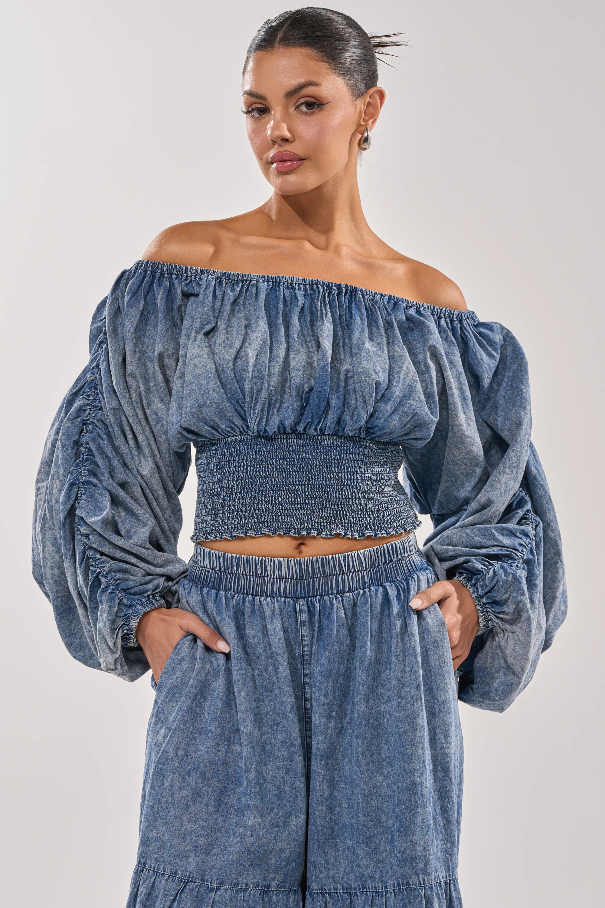 AKIRA Denim For Days Off The Shoulder Top | Light Blue | Size Large | AKIRA