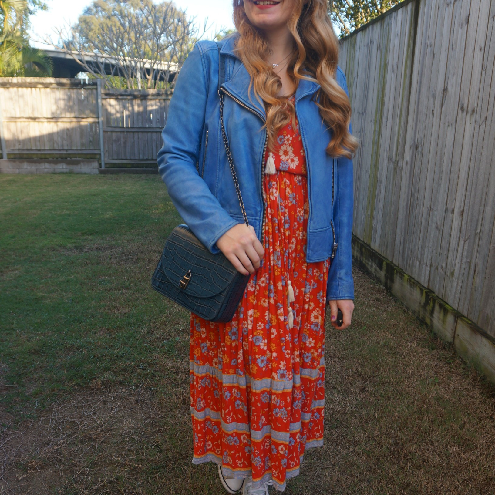 Cobalt blue leather jacket, theifted red floral maxi dress, Converse and Rebecca Minkoff Love Too bag 💙 

#LTKaustralia #LTKbag #LTKwinter