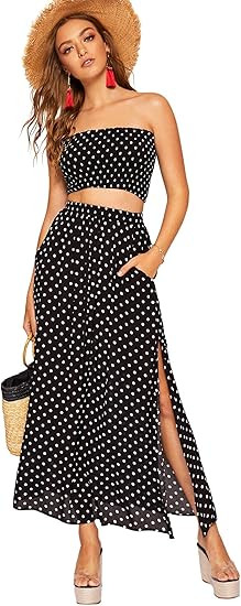 Floerns Women's Summer Printed 2 Piece Outfit Crop Tube Tops and Split Long Skirt Set | Amazon (US)
