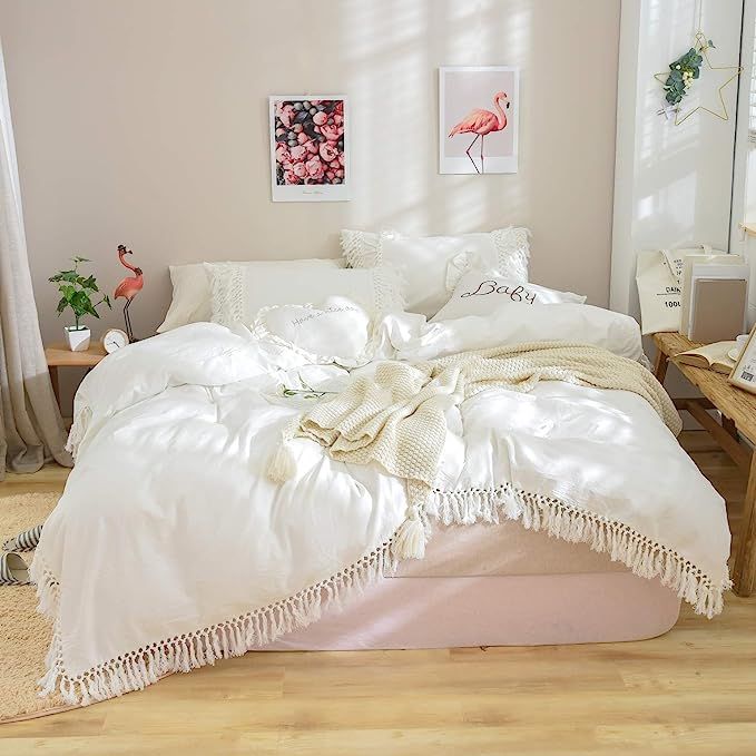 Softta White Duvet Cover Queen 3 Pcs Boho Bedding Ruffle Tassel Farmhouse Duvet Covers Fringed 10... | Amazon (US)