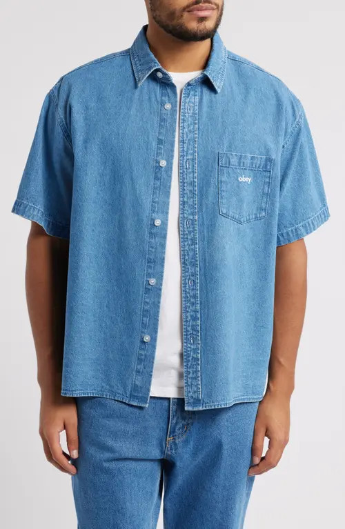 Obey Bigwig Loose Fit Short Sleeve Cotton Denim Button-Up Shirt in Light Indigo at Nordstrom, Size Medium | Nordstrom