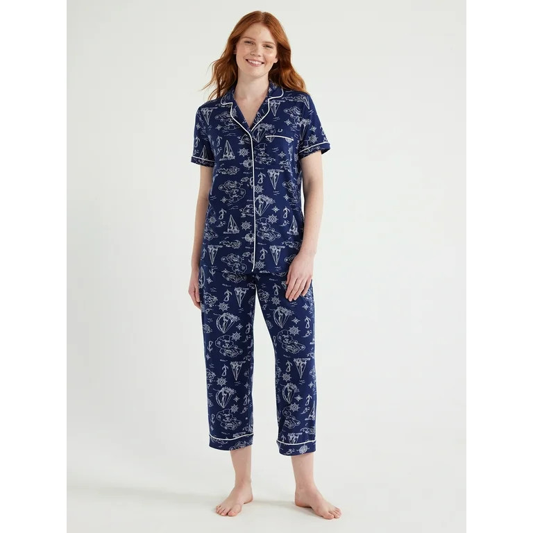 Joyspun Women's Knit Notch Collar Top and Capri Pants Pajama Set, 2-Piece, Sizes S to 3X | Walmart (US)