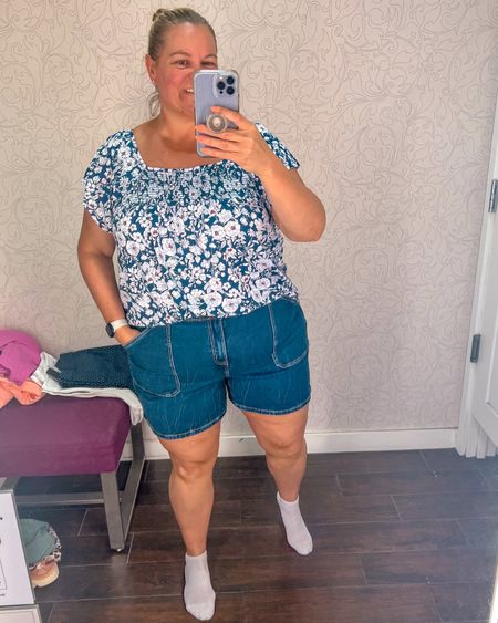 These utility Jean shorts were the perfect fit and length. They had some stretch to fit the curves perfectly and paired so cute with this smocked blouse. 

#LTKStyleTip #LTKSeasonal #LTKPlusSize