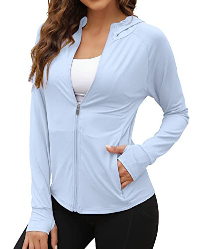 We1Fit Women's UPF 50+ Sun Protection Jacket Hooded Zip Up SPF Shirts Long Sleeves Light Blue | Amazon (US)