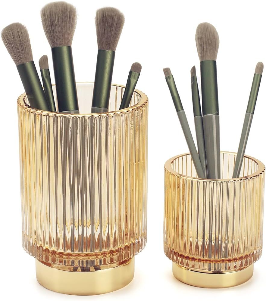 Makeup Brush Holder Organizer, 2PCS Glass Cosmetic Makeup Brush Organizer, Vanity Makeup Brush Cu... | Amazon (US)