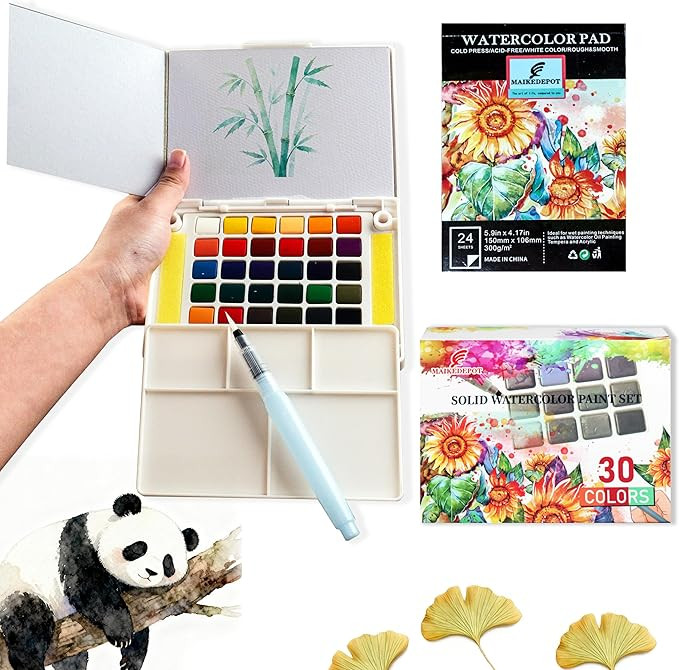 Portable Watercolor Paint Set - 30 Colors Travel Watercolor Kit with Water Brush, 24 Sheets Water... | Amazon (US)