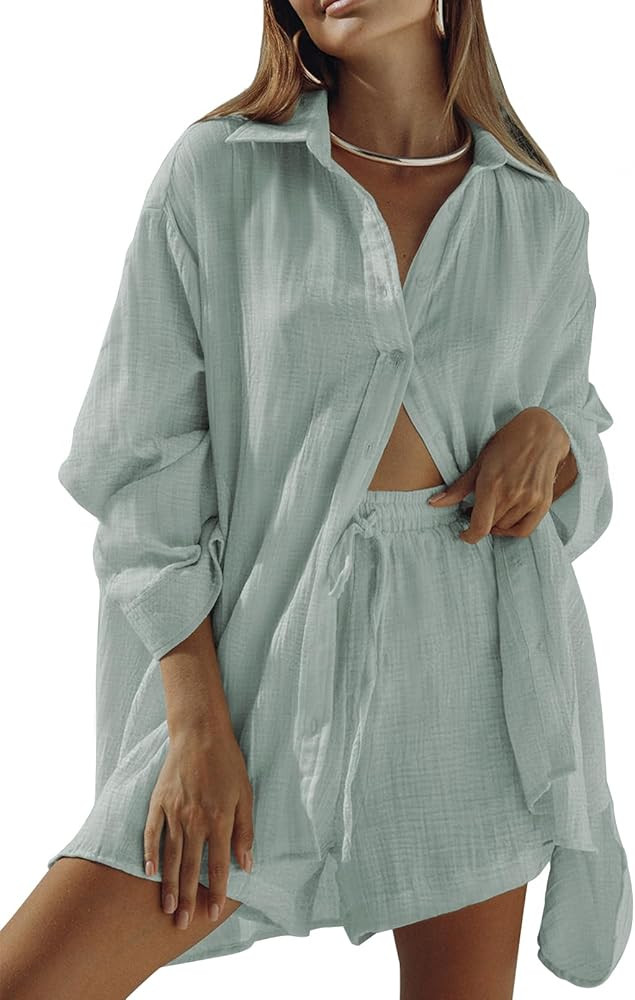 Fixmatti Women 2 Piece Outfits Long Sleeve Button Down Blouse and Shorts Sweatsuit Sets | Amazon (US)