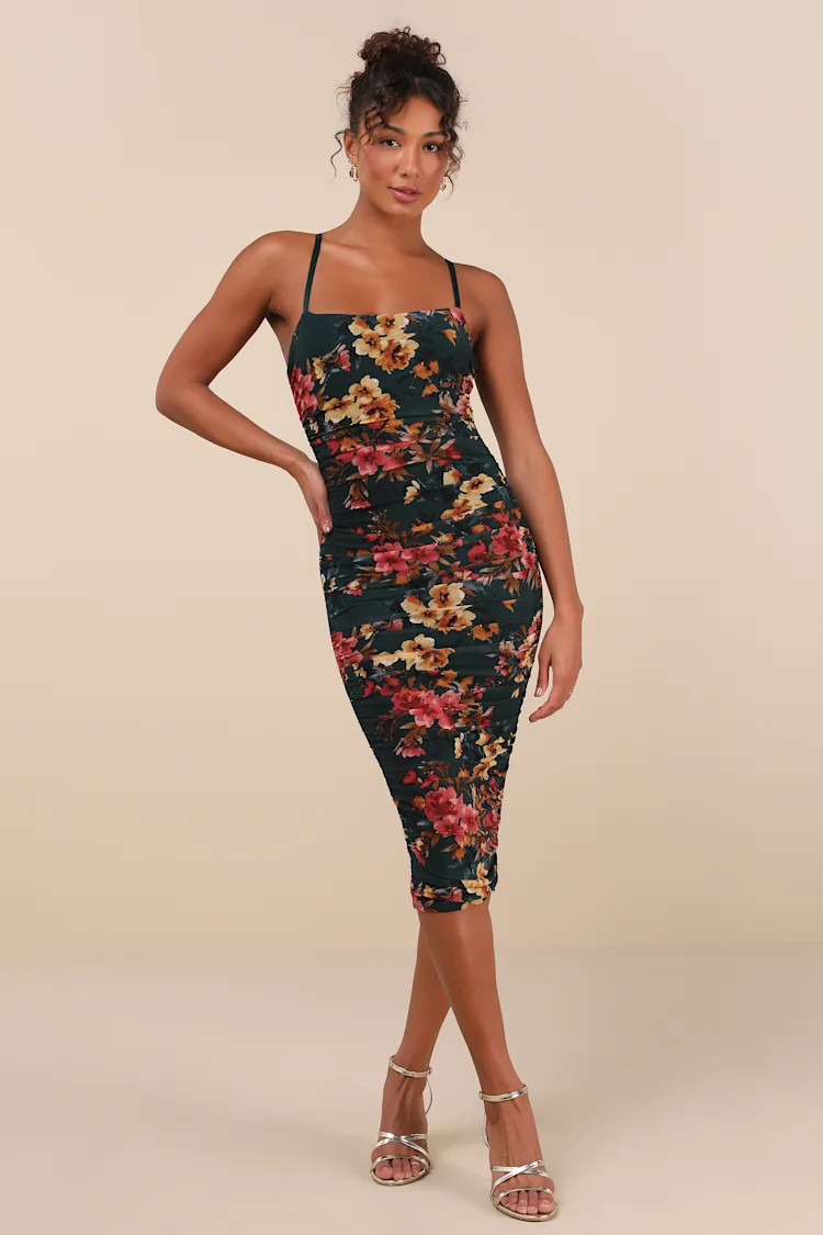 Date Night Beauty Dark Green Floral Print Mesh Ruched Midi Dress | Lulus