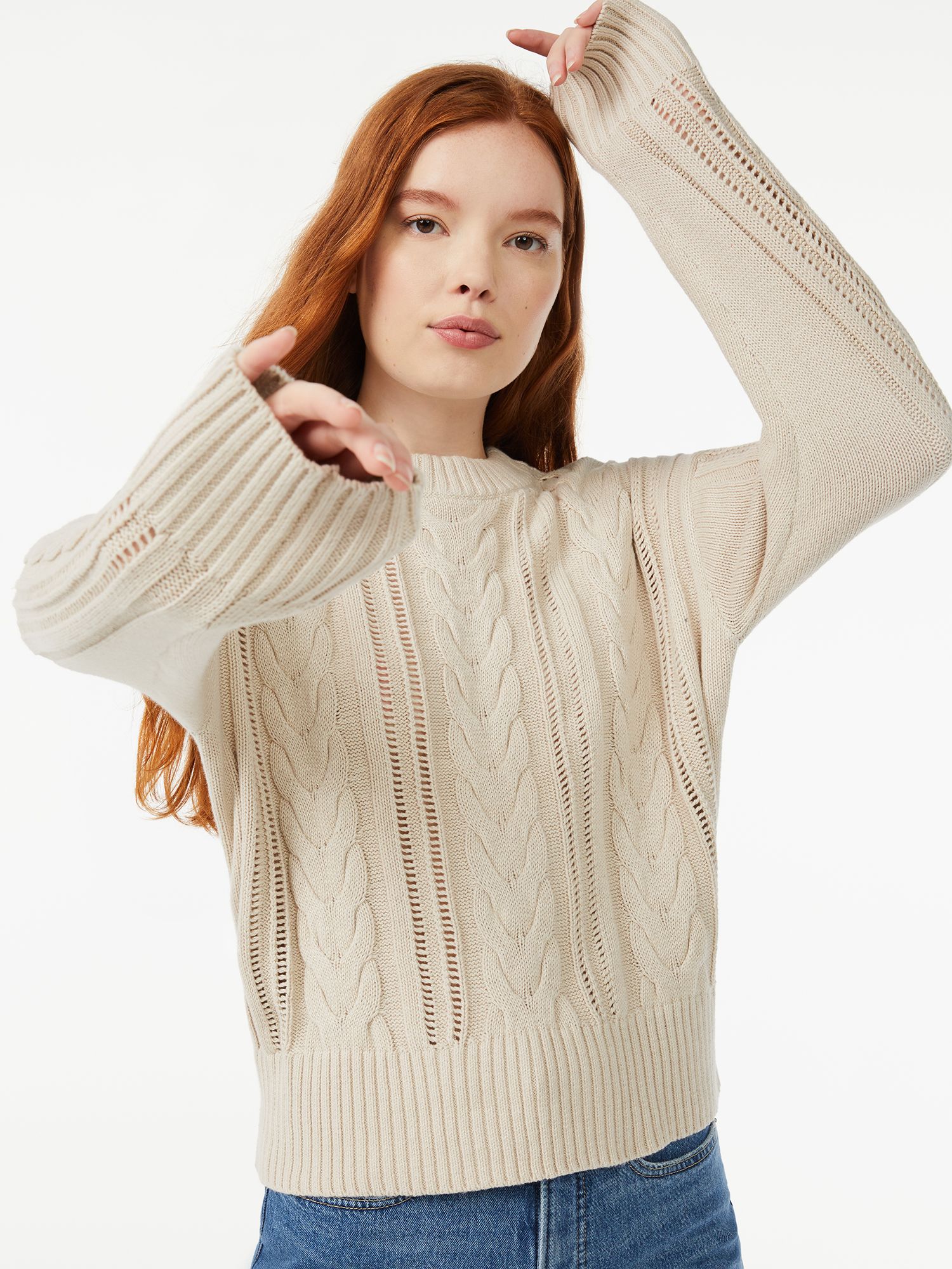 Free Assembly Women's Cable Knit Sweater with Long Sleeves | Walmart (US)