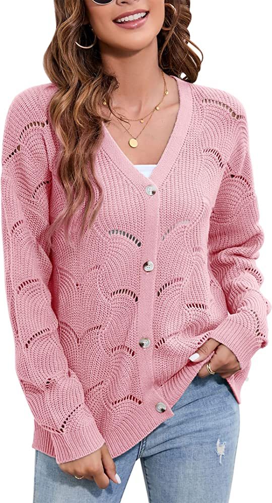 KOJOOIN Women's Crochet Lightweight Cardigan Spring Trendy 2023 Long Sleeve Hollow Out Sweater | Amazon (US)