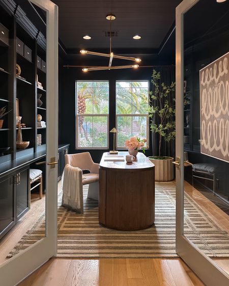 Office 

Green rug, oval desk, modern light, tree 