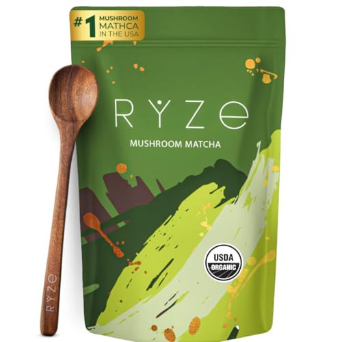 RYZE SUPERFOODS Mushroom Matcha, USDA Organic with 6 Adaptogenic Mushrooms and Ceremonial-Grade Matcha for Energy, Focus, Digestion, Immunity with Turkey Tail, Shiitake, Lion's Mane, 30 servings | Amazon (US)