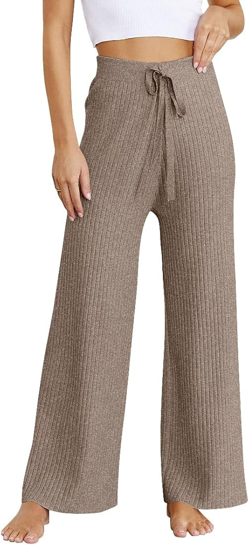 Womens Rib Knit Wide Leg Pants 2023 Capris Elastic Waist Casual Flowy Sweater Pants | Amazon (US)