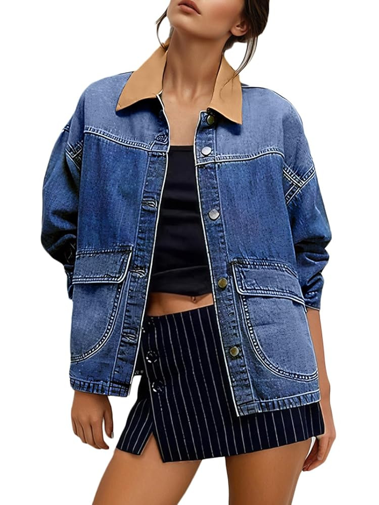 EVALESS Jean Jacket Women Trendy Color Block Denim Jacket Oversized Long Sleeve Button Down Barn ... | Amazon (US)