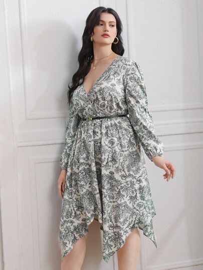 Plus Landscape Print Hanky Hem Dress Without Belt | SHEIN