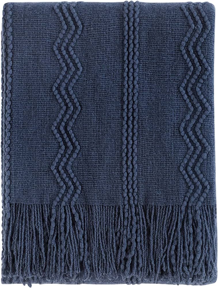 BOURINA Navy Throw Blanket Textured Solid Soft Sofa Couch Decorative Knitted Blanket, 50" x 60" N... | Amazon (US)