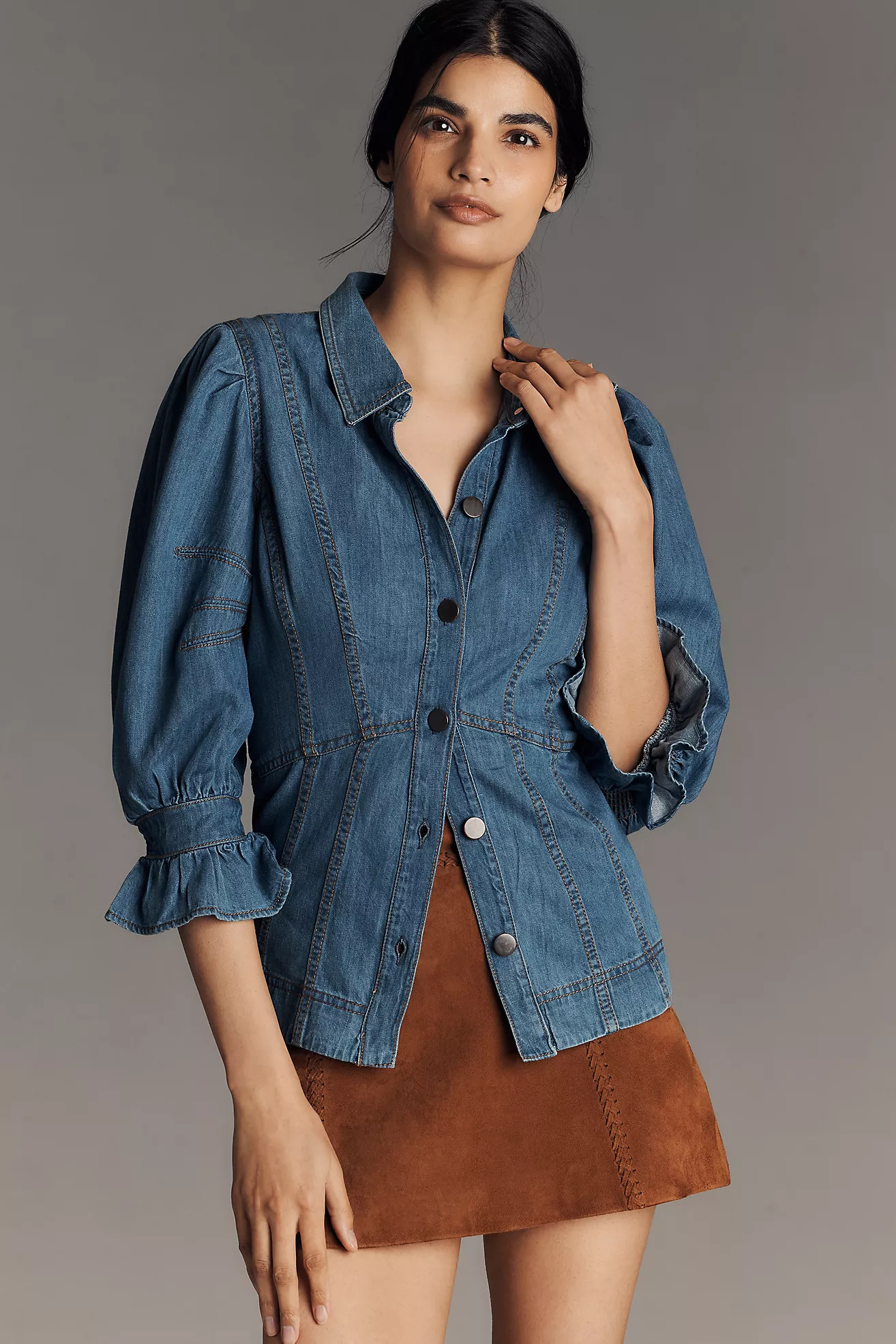 By Anthropologie Puff-Sleeve Denim Buttondown Shirt | Anthropologie (US)