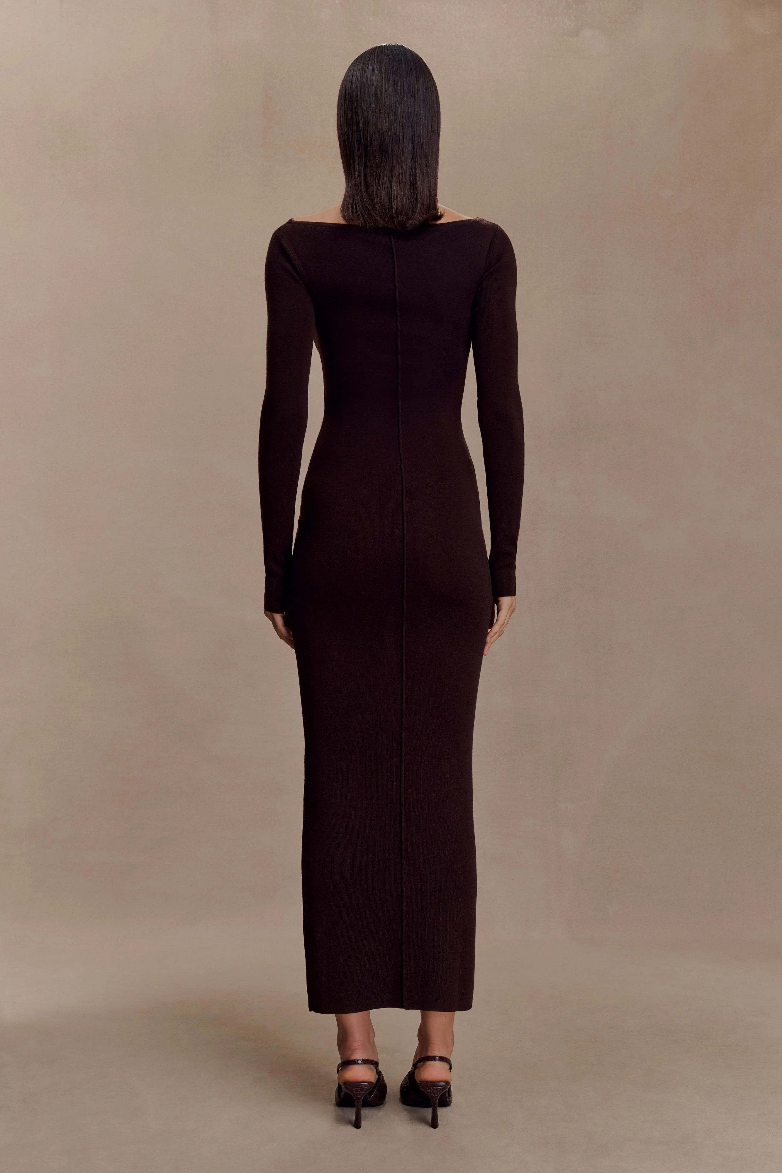 Merino Wool Ribbed Long Sleeve Maxi Dress - Deep Chocolate | MESHKI US