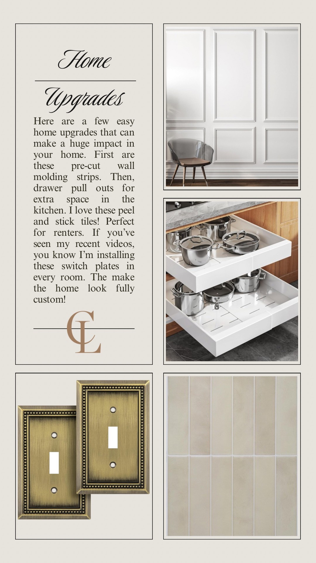 It’s no secret that Rob and I have done a ton of Home upgrades in our house. Here are some super easy and affordable options to upgrade any space in your home.

Home update, home upgrade, peel, and stick tile, wall, molding, Home, hacks, easy home DIY‘s, light switches, updates, home decor 

#LTKSaleAlert #LTKStyleTip #LTKHome