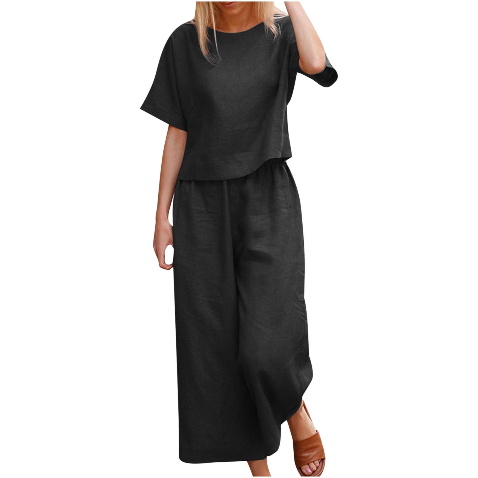 Womens Summer Linen 2 Piece Outfits Solid Color Short Sleeve Crewneck Tops Loose Wide Leg Pants S... | Walmart (US)