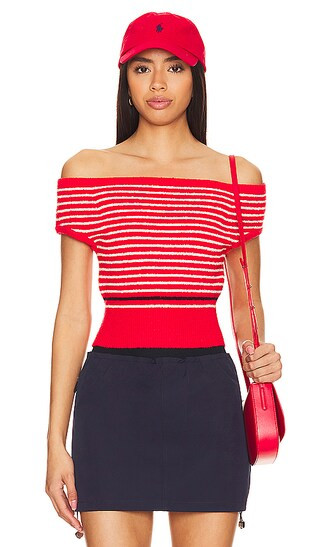 Boucle Knit Off Shoulder Top in Red & Cream | Revolve Clothing (Global)