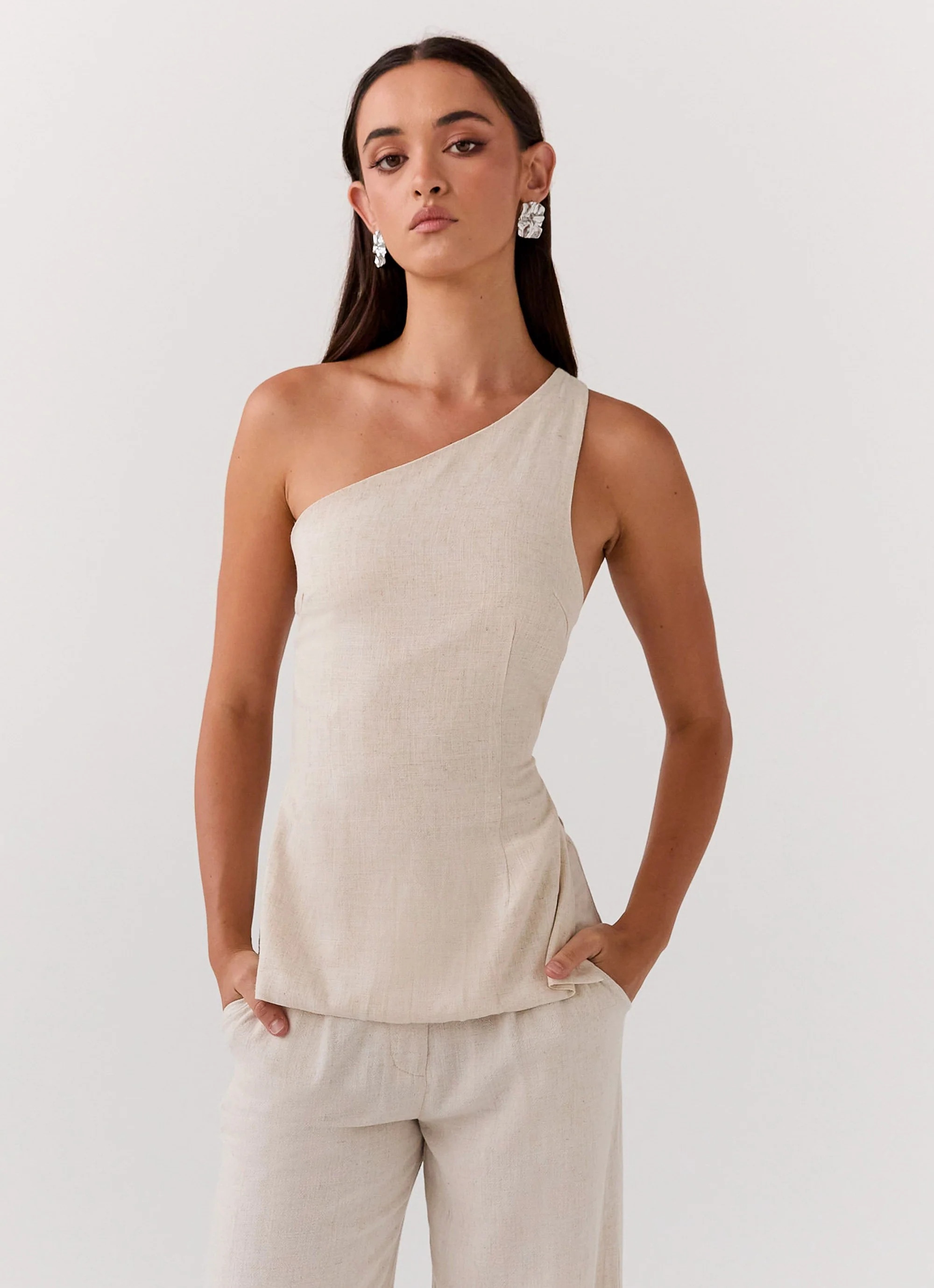 Olsen Linen One Shoulder Top - Oatmeal | Peppermayo (Global)